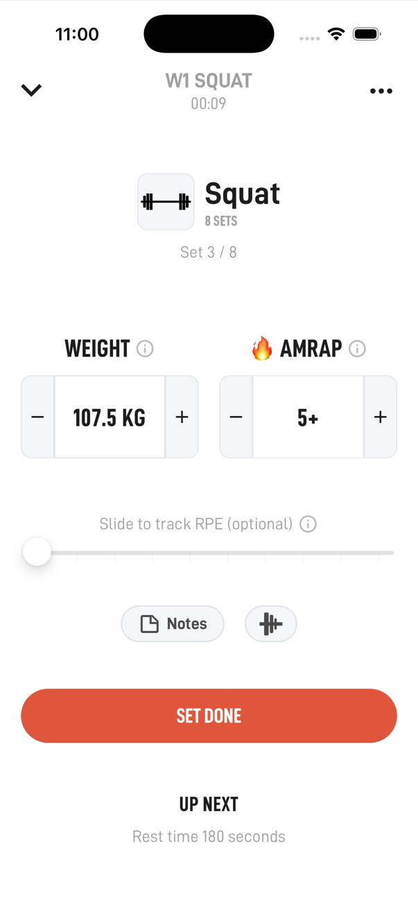 Hardy tracker on the AMRAP set: 107.5 kg for 5 or more reps with a Set Done button