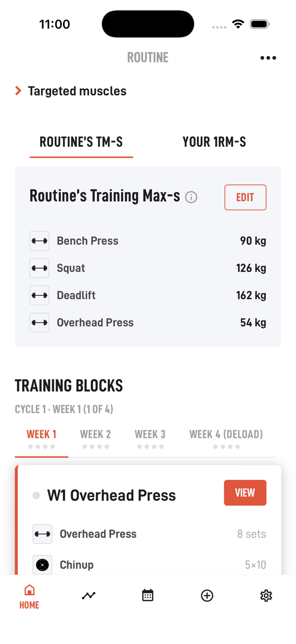 Hardy routine screen with the 5/3/1 BBB Training Maxes for bench press, squat, deadlift and overhead press, and the four week blocks