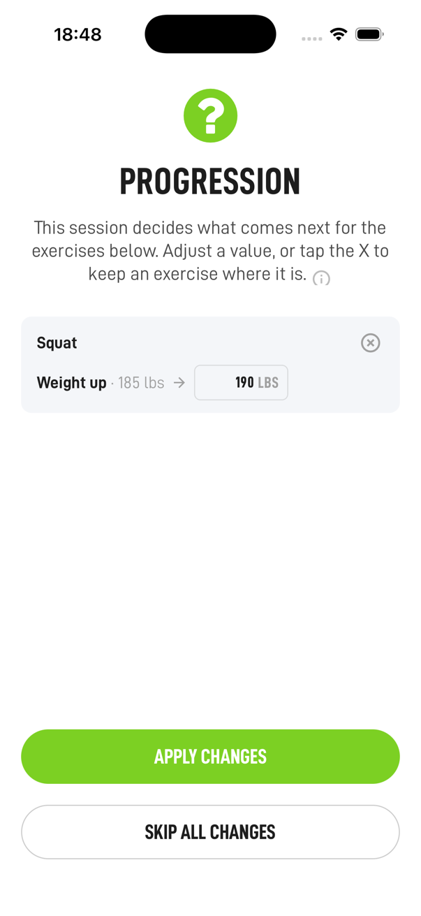 Hardy review screen after the workout proposing to raise the squat working weight from 185 lbs to 190 lbs, with Apply Changes and Skip All Changes buttons