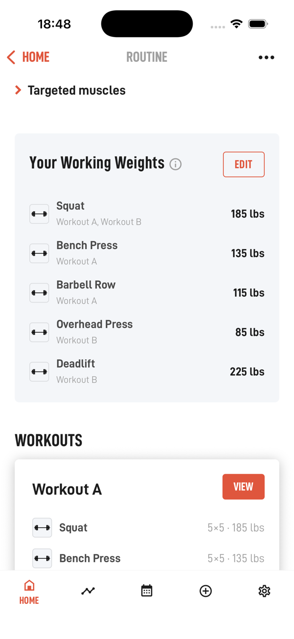 Hardy routine screen for the 5x5 Workout with the working weights for squat, bench press, barbell row, overhead press and deadlift in lbs