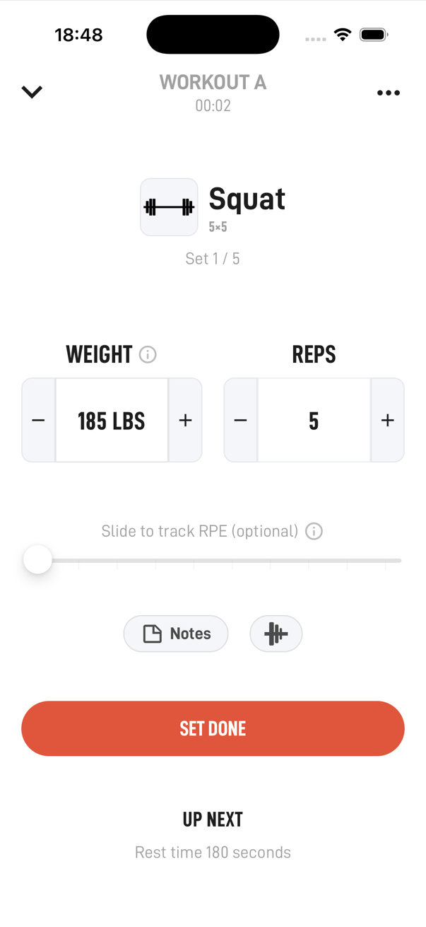 Hardy tracker on the first squat set: 185 lbs for 5 reps with a Set Done button and the rest timer