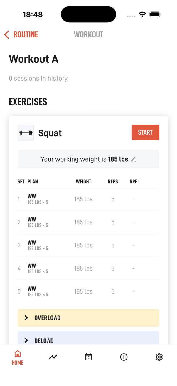 Workout A of the 5x5 Workout in Hardy: five sets of five squats at 185 lbs, then bench press and barbell row